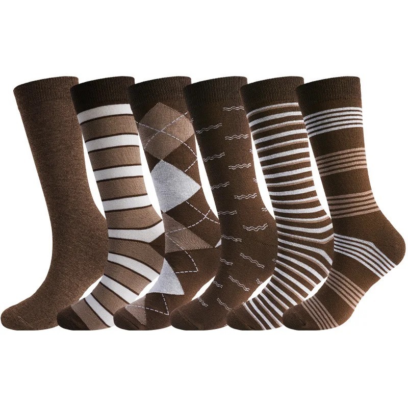 Dress Sock Men - ถุงเท้าลายตารางสีน้ำตาลวินเทจ 6 คู่ ถุงเท้าลายตารางเพชรแบบเรโทรสำหรับผู้ชาย สไตล์ลำลองและธุรกิจ