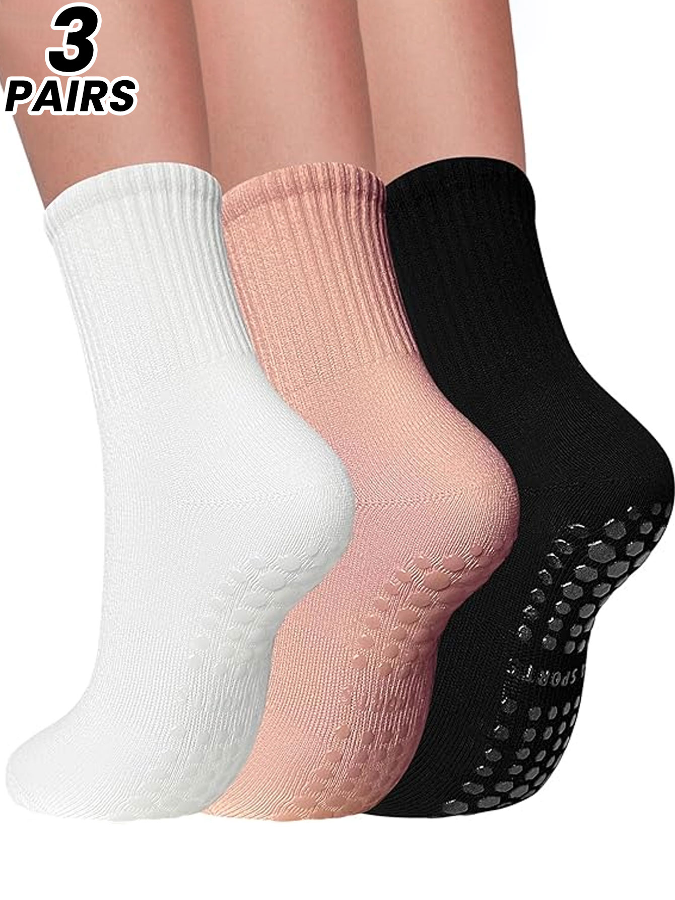 Grip Sock Yoga - ถุงเท้าโยคะสำหรับผู้หญิง 3 คู่ ถุงเท้ากันลื่นความยาวปานกลางสำหรับกีฬาในร่มสำหรับผู้ใหญ่ ถุงเท้าสำหรับออกกำลังกายบนพื้น ถุงเท้าพิลาทิสแบบเงียบ