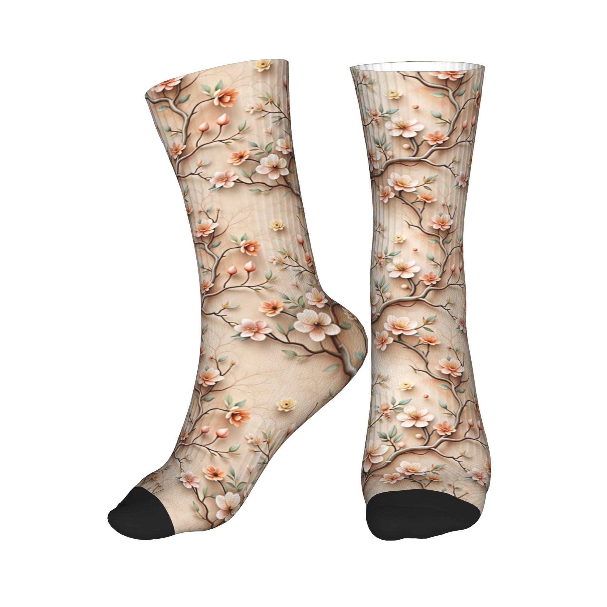 Dress Sock Men - ถุงเท้าลายดอกไม้ 3 มิติ ลายกิ่งดอกพีชแมกโนเลีย สำหรับผู้ชายและผู้หญิง ถุงเท้าลำลองพิมพ์ลาย
