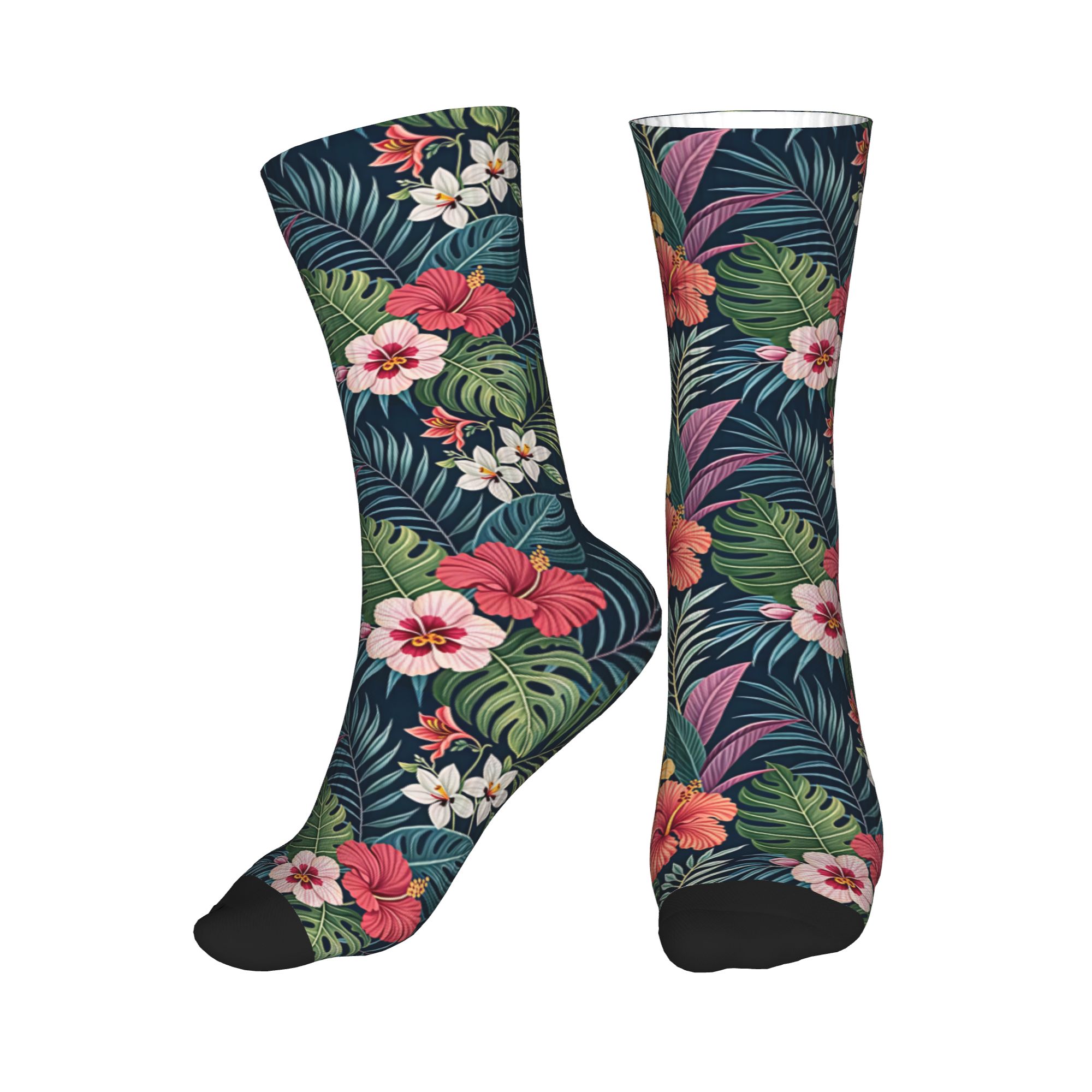 Dress Sock Men - ถุงเท้าลายดอกไม้ฮาวาย ฮิบิสคัส พลูเมเรีย สำหรับผู้ชายและผู้หญิง สวมใส่สบาย อุ่น